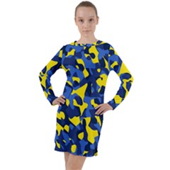 Blue And Yellow Camouflage Pattern Long Sleeve Hoodie Dress by SpinnyChairDesigns