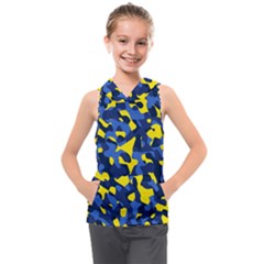 Blue And Yellow Camouflage Pattern Kids  Sleeveless Hoodie by SpinnyChairDesigns