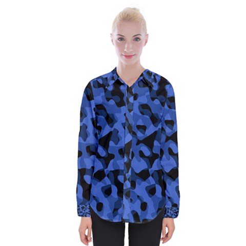 Black And Blue Camouflage Pattern Womens Long Sleeve Shirt by SpinnyChairDesigns