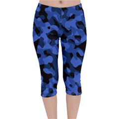 Black And Blue Camouflage Pattern Velvet Capri Leggings  by SpinnyChairDesigns