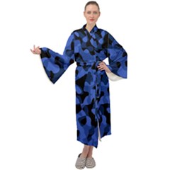 Black And Blue Camouflage Pattern Maxi Velour Kimono by SpinnyChairDesigns