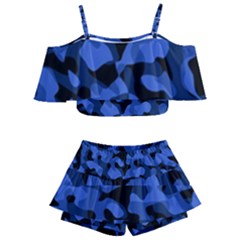 Black And Blue Camouflage Pattern Kids  Off Shoulder Skirt Bikini by SpinnyChairDesigns