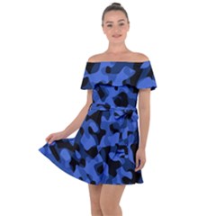 Black And Blue Camouflage Pattern Off Shoulder Velour Dress by SpinnyChairDesigns