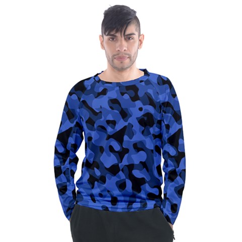 Black And Blue Camouflage Pattern Men s Long Sleeve Raglan Tee by SpinnyChairDesigns