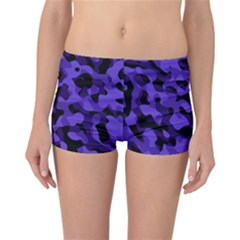 Purple Black Camouflage Pattern Reversible Boyleg Bikini Bottoms by SpinnyChairDesigns