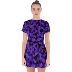 Purple Black Camouflage Pattern Drop Hem Mini Chiffon Dress by SpinnyChairDesigns