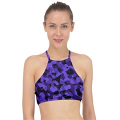 Purple Black Camouflage Pattern Racer Front Bikini Top by SpinnyChairDesigns