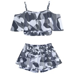 Grey And White Camouflage Pattern Kids  Off Shoulder Skirt Bikini by SpinnyChairDesigns