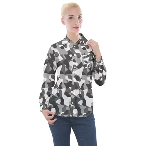 Grey And White Camouflage Pattern Women s Long Sleeve Pocket Shirt by SpinnyChairDesigns