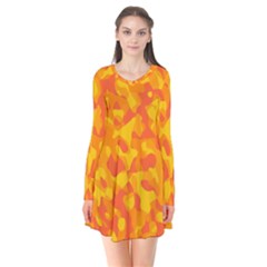 Orange and Yellow Camouflage Pattern Long Sleeve V-neck Flare Dress