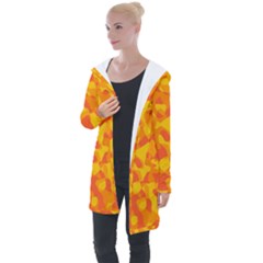 Orange And Yellow Camouflage Pattern Longline Hooded Cardigan by SpinnyChairDesigns