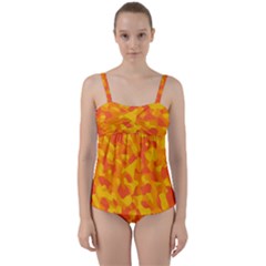 Orange and Yellow Camouflage Pattern Twist Front Tankini Set