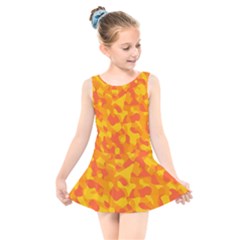 Orange And Yellow Camouflage Pattern Kids  Skater Dress Swimsuit by SpinnyChairDesigns