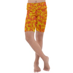 Orange and Yellow Camouflage Pattern Kids  Lightweight Velour Cropped Yoga Leggings