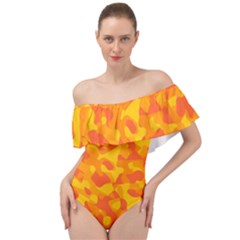 Orange And Yellow Camouflage Pattern Off Shoulder Velour Bodysuit  by SpinnyChairDesigns