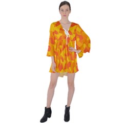 Orange And Yellow Camouflage Pattern V-neck Flare Sleeve Mini Dress by SpinnyChairDesigns