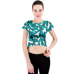 Teal And White Camouflage Pattern Crew Neck Crop Top by SpinnyChairDesigns