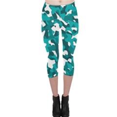 Teal And White Camouflage Pattern Capri Leggings  by SpinnyChairDesigns