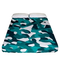 Teal And White Camouflage Pattern Fitted Sheet (king Size) by SpinnyChairDesigns