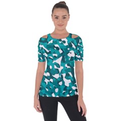 Teal And White Camouflage Pattern Shoulder Cut Out Short Sleeve Top by SpinnyChairDesigns