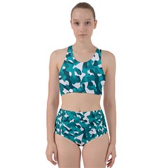 Teal And White Camouflage Pattern Racer Back Bikini Set by SpinnyChairDesigns