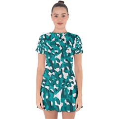 Teal And White Camouflage Pattern Drop Hem Mini Chiffon Dress by SpinnyChairDesigns