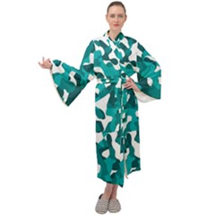 Teal And White Camouflage Pattern Maxi Velour Kimono by SpinnyChairDesigns