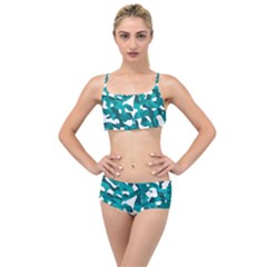 Teal And White Camouflage Pattern Layered Top Bikini Set by SpinnyChairDesigns