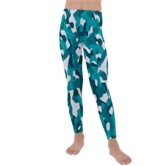 Teal And White Camouflage Pattern Kids  Lightweight Velour Leggings by SpinnyChairDesigns