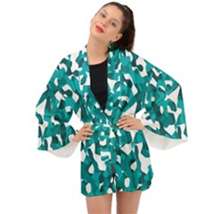 Teal And White Camouflage Pattern Long Sleeve Kimono by SpinnyChairDesigns