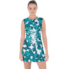 Teal And White Camouflage Pattern Lace Up Front Bodycon Dress by SpinnyChairDesigns