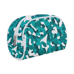 Teal And White Camouflage Pattern Makeup Case (small) by SpinnyChairDesigns