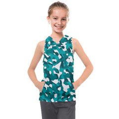 Teal And White Camouflage Pattern Kids  Sleeveless Hoodie by SpinnyChairDesigns