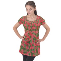 Pink And Green Camouflage Pattern Puff Sleeve Tunic Top