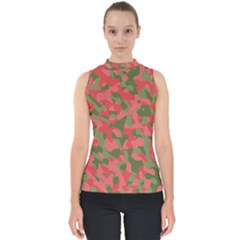 Pink And Green Camouflage Pattern Mock Neck Shell Top