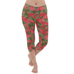 Pink And Green Camouflage Pattern Lightweight Velour Capri Yoga Leggings by SpinnyChairDesigns