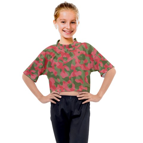 Pink And Green Camouflage Pattern Kids Mock Neck Tee by SpinnyChairDesigns