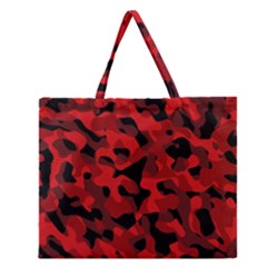 Red And Black Camouflage Pattern Zipper Large Tote Bag by SpinnyChairDesigns