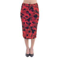 Red And Black Camouflage Pattern Velvet Midi Pencil Skirt by SpinnyChairDesigns