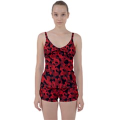 Red And Black Camouflage Pattern Tie Front Two Piece Tankini by SpinnyChairDesigns