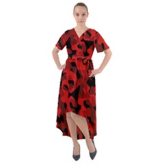 Red And Black Camouflage Pattern Front Wrap High Low Dress by SpinnyChairDesigns