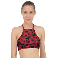 Red And Black Camouflage Pattern Racer Front Bikini Top by SpinnyChairDesigns