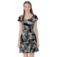 Grey And Black Camouflage Pattern Short Sleeve Skater Dress by SpinnyChairDesigns