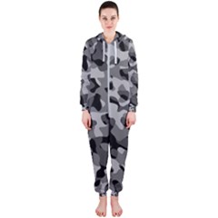 Grey And Black Camouflage Pattern Hooded Jumpsuit (ladies)  by SpinnyChairDesigns