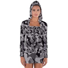 Grey And Black Camouflage Pattern Long Sleeve Hooded T-shirt by SpinnyChairDesigns