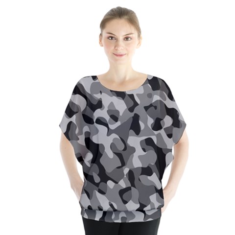 Grey And Black Camouflage Pattern Batwing Chiffon Blouse by SpinnyChairDesigns