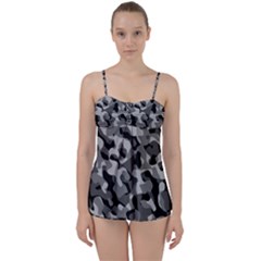 Grey And Black Camouflage Pattern Babydoll Tankini Set by SpinnyChairDesigns