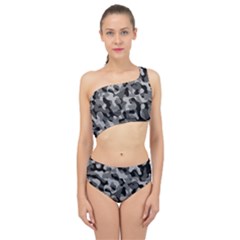 Grey And Black Camouflage Pattern Spliced Up Two Piece Swimsuit by SpinnyChairDesigns