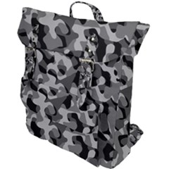 Grey And Black Camouflage Pattern Buckle Up Backpack by SpinnyChairDesigns