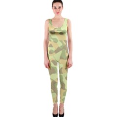 Light Green Brown Yellow Camouflage Pattern One Piece Catsuit by SpinnyChairDesigns